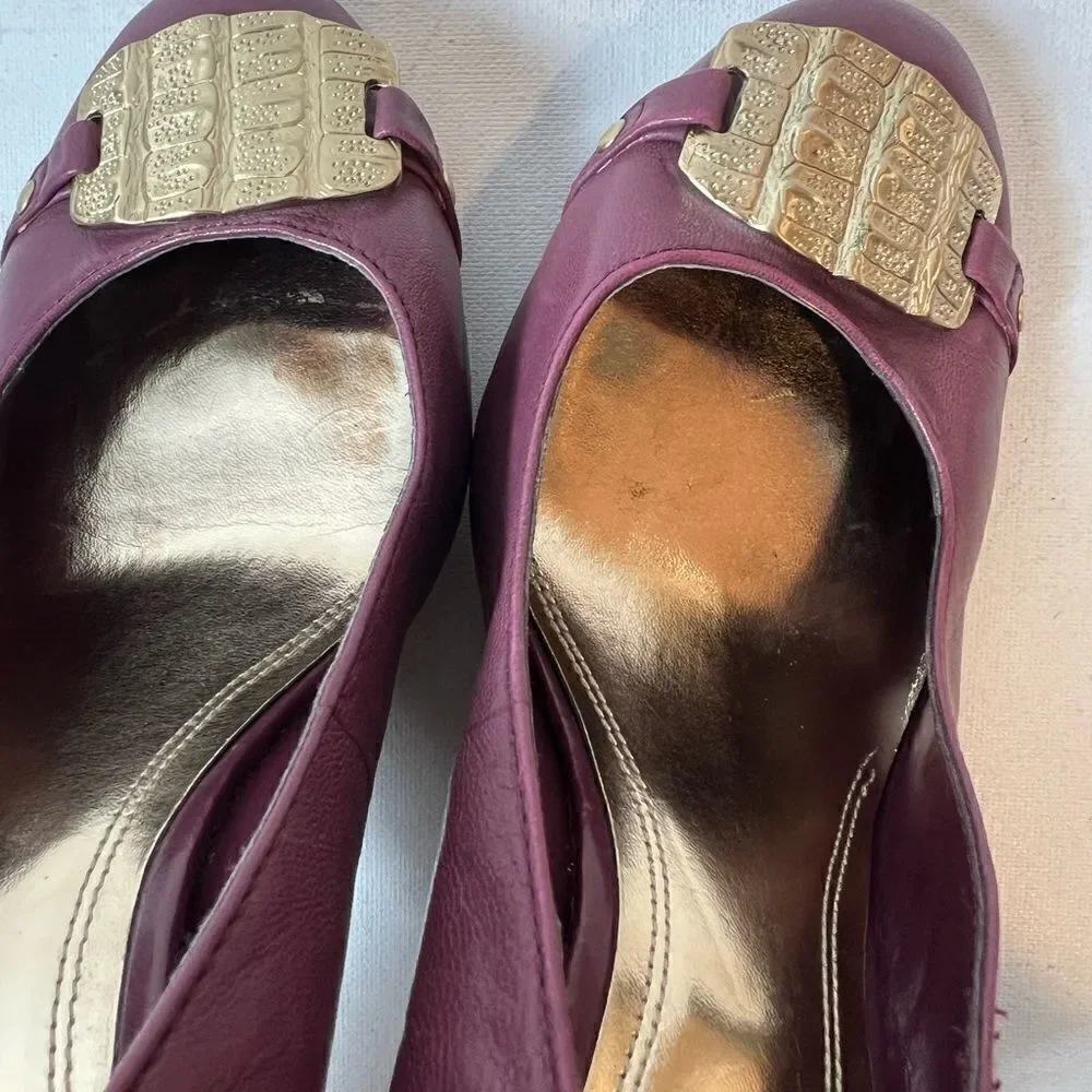 Falchi Womens Classic Wedge Pump High Heels Shoes Mauve Leather Slip On Size 9.5